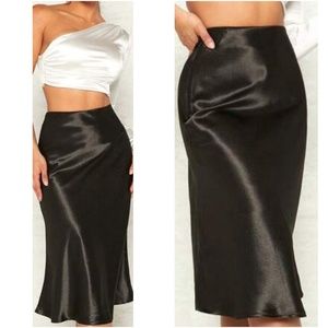 Luxe Black Zipper Satin Midi Slip Skirt
